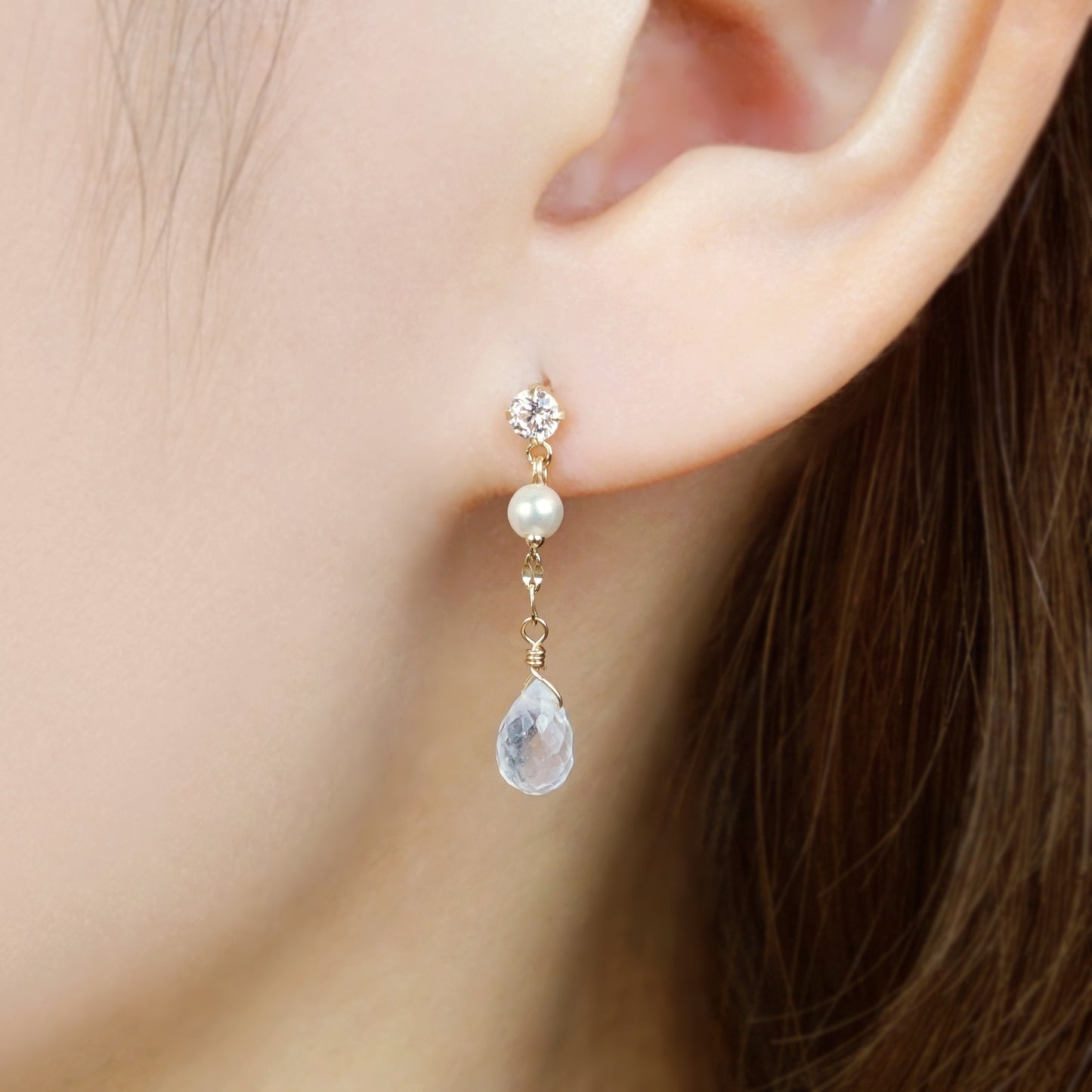 18K/10K Blue Moonstone Dew Drop Swinging Earrings (Yellow Gold) - Model Image