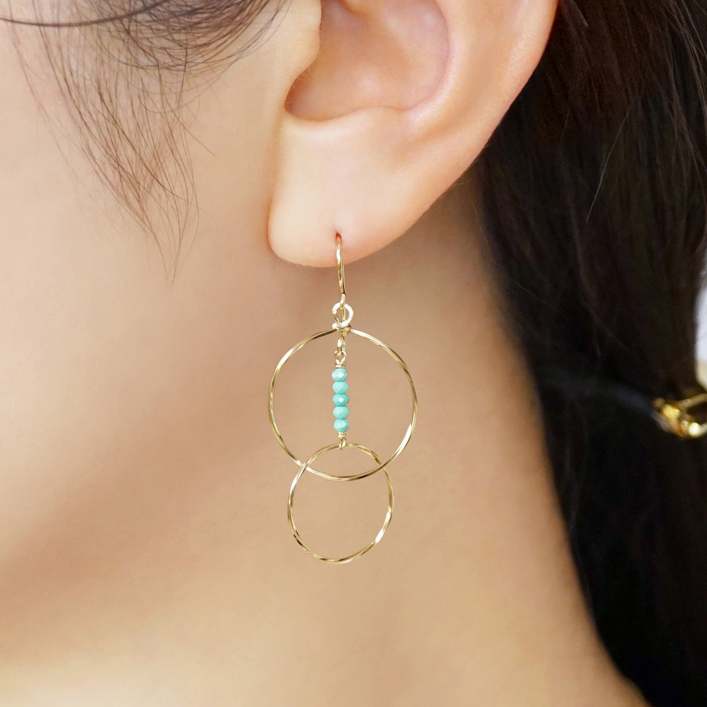 Gold Filled Turquoise Double Circle Wire Earrings - Model Image