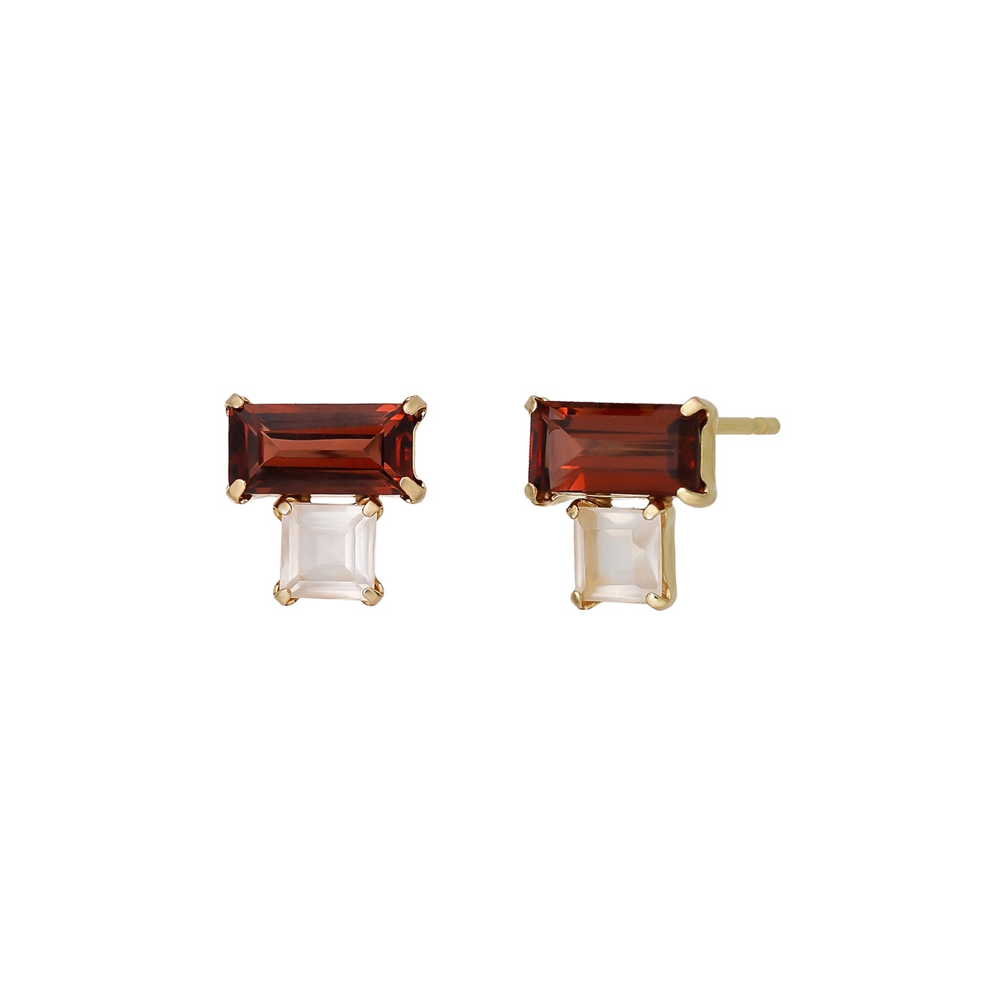 18K/10K Garnet Rose Quartz Square Stud Earrings (Yellow Gold) - Product Image