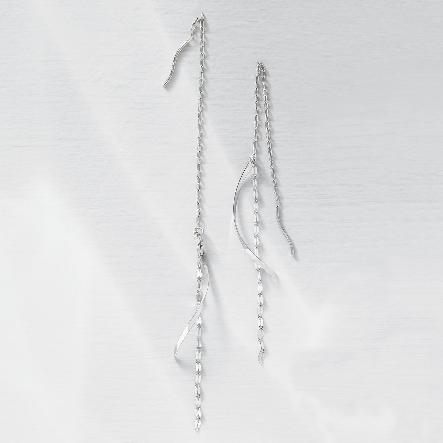 14K/10K White Gold Twisted Long Threader Earrings - Product Image
