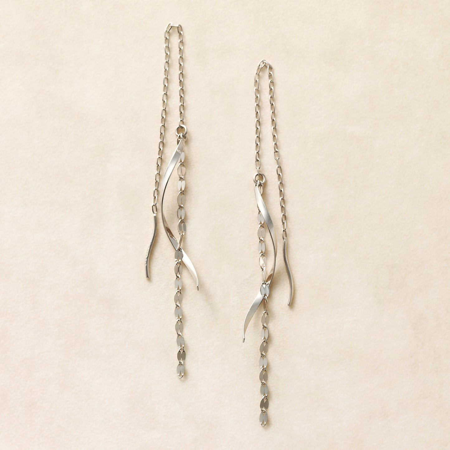 14K/10K White Gold Twisted Long Threader Earrings - Product Image