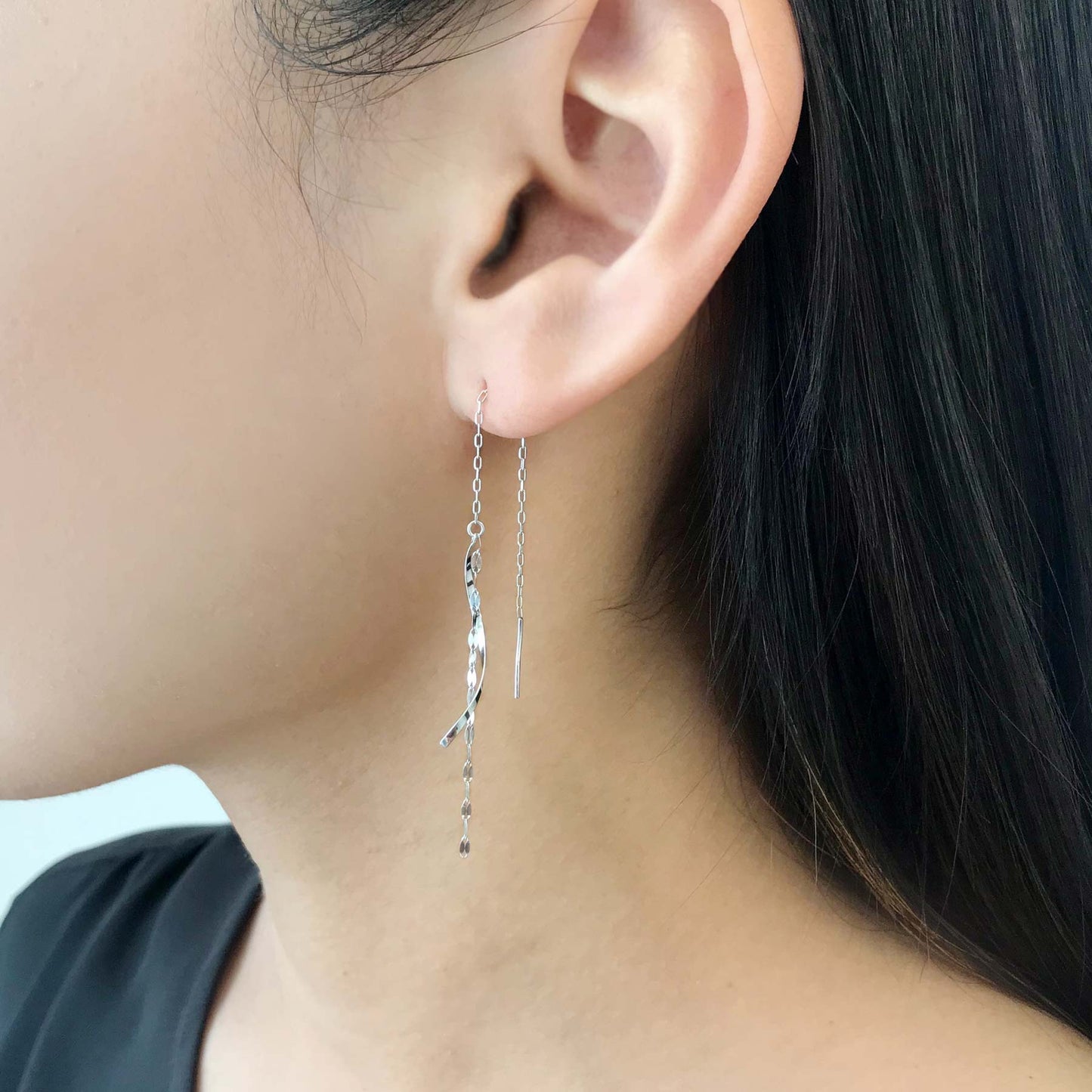 14K/10K White Gold Twisted Long Threader Earrings - Model Image