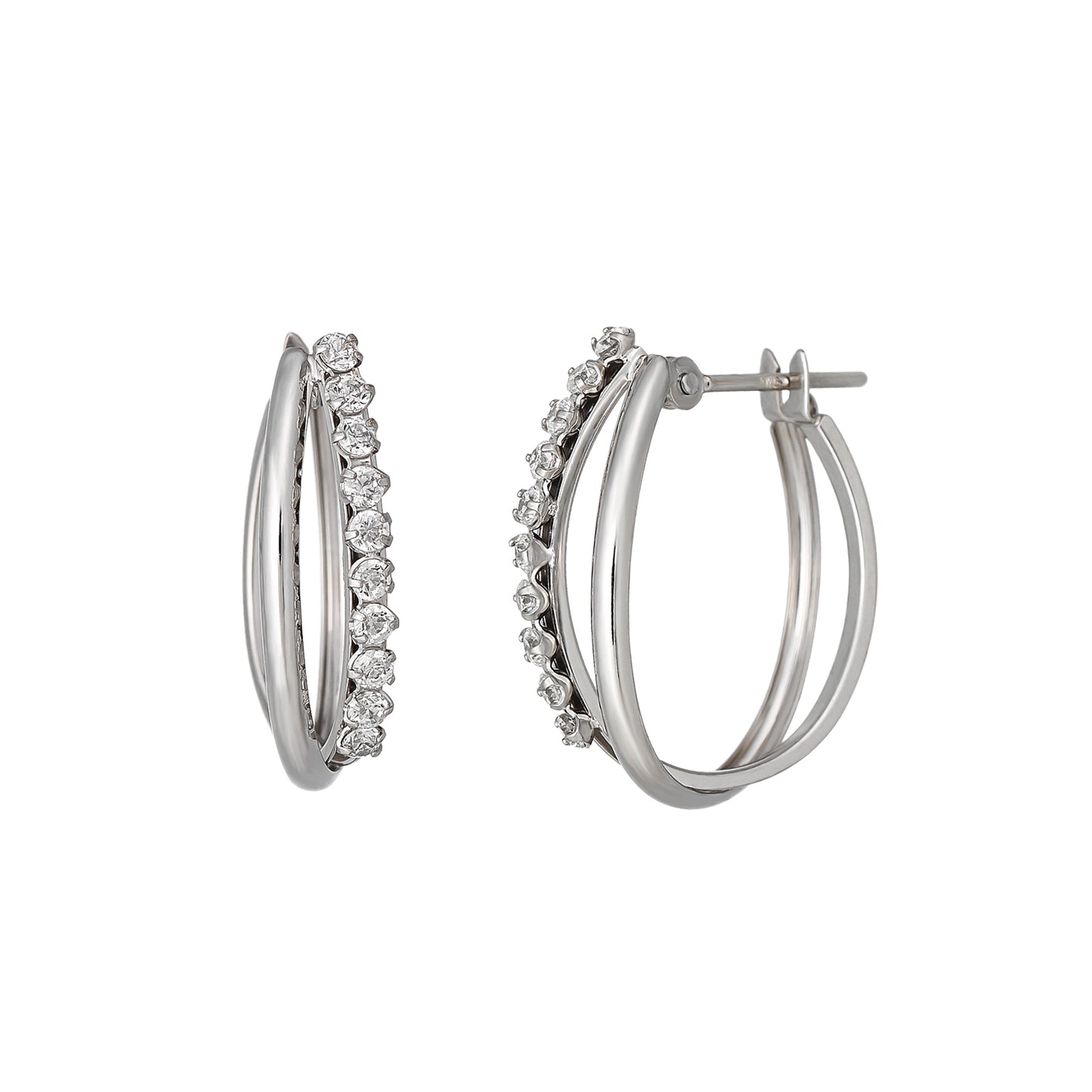 14K/10K Cubic Zirconia Oval Hoop Earrings (White Gold) - Product Image