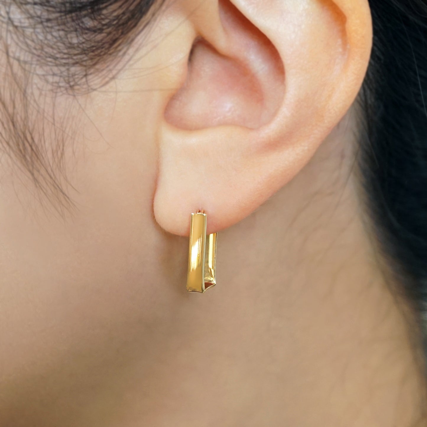 18K/10K Long Square Bridge Earrings (Yellow Gold) - Model Image