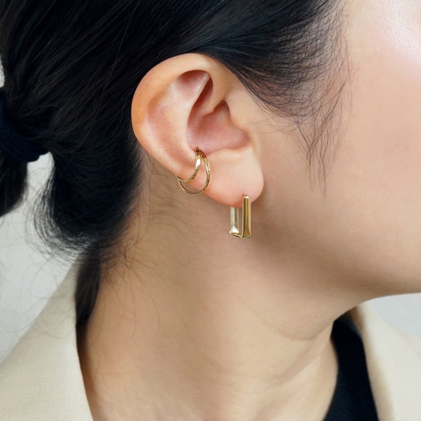 18K/10K Long Square Bridge Earrings (Yellow Gold) - Model Image