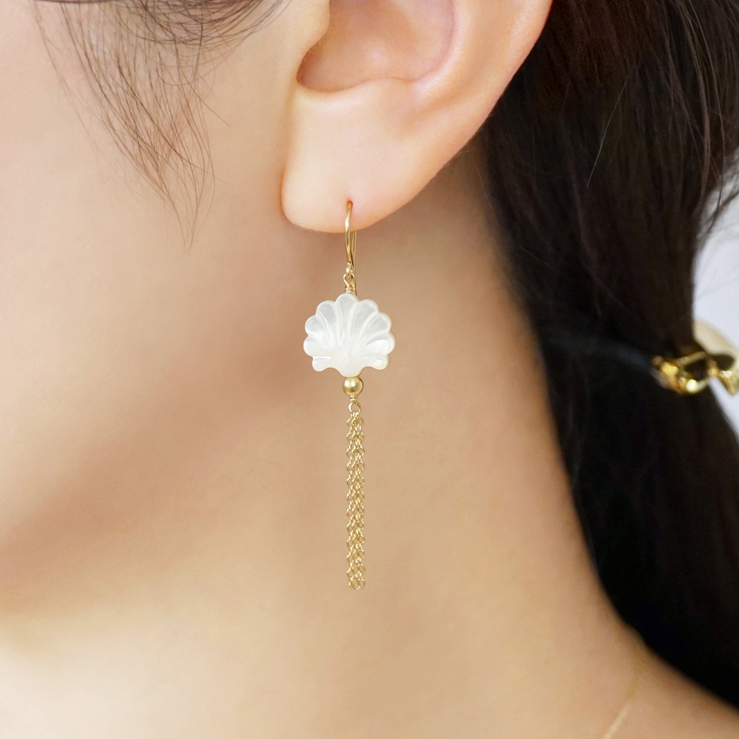 Gold Filled White Shell Wire Earrings - Model Image