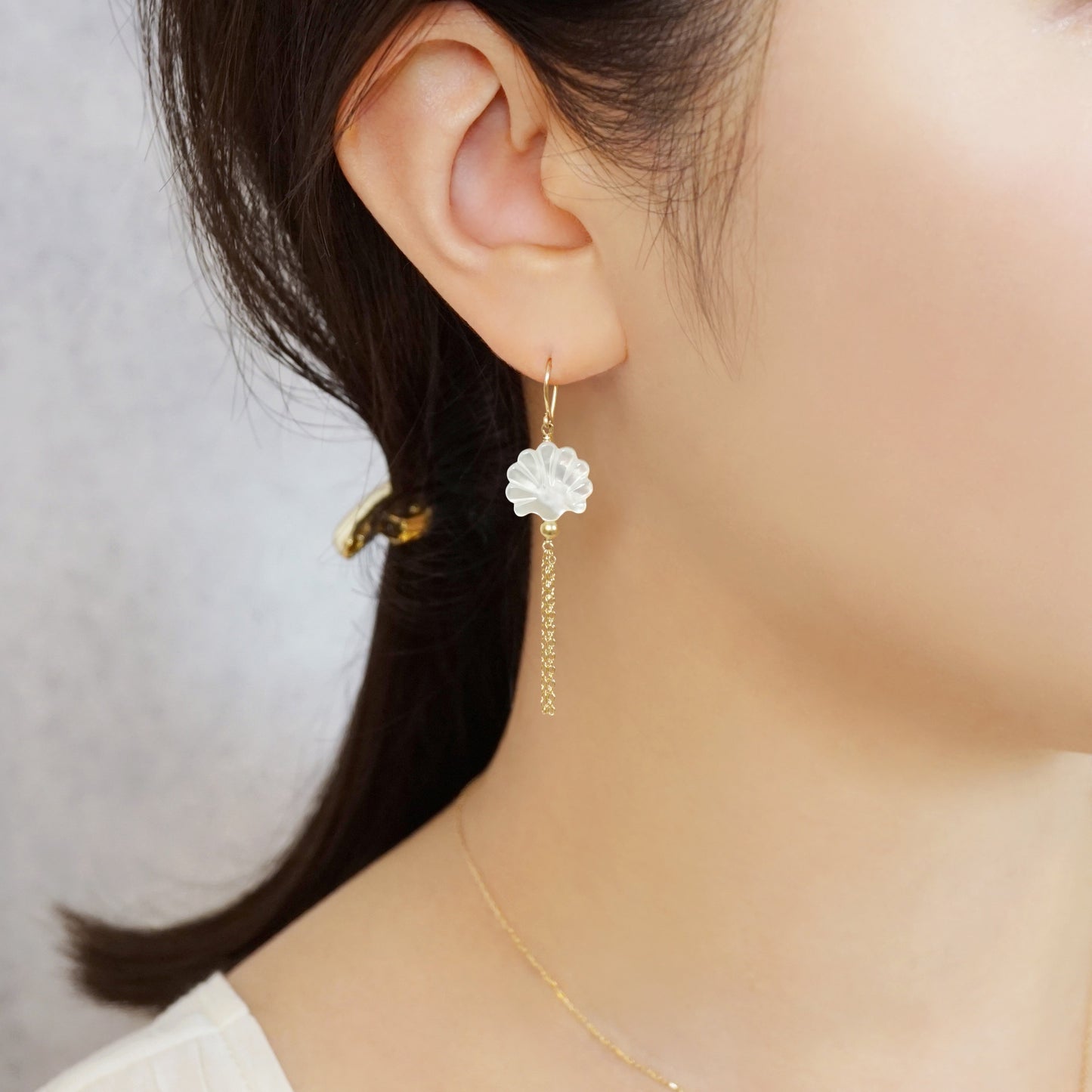 Gold Filled White Shell Wire Earrings - Model Image