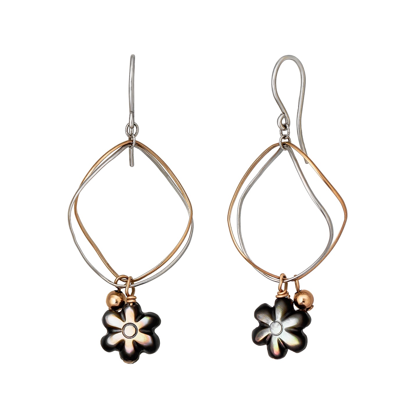 Gold Filled Black Shell Flower Combination Color Wire Earrings - Product Image