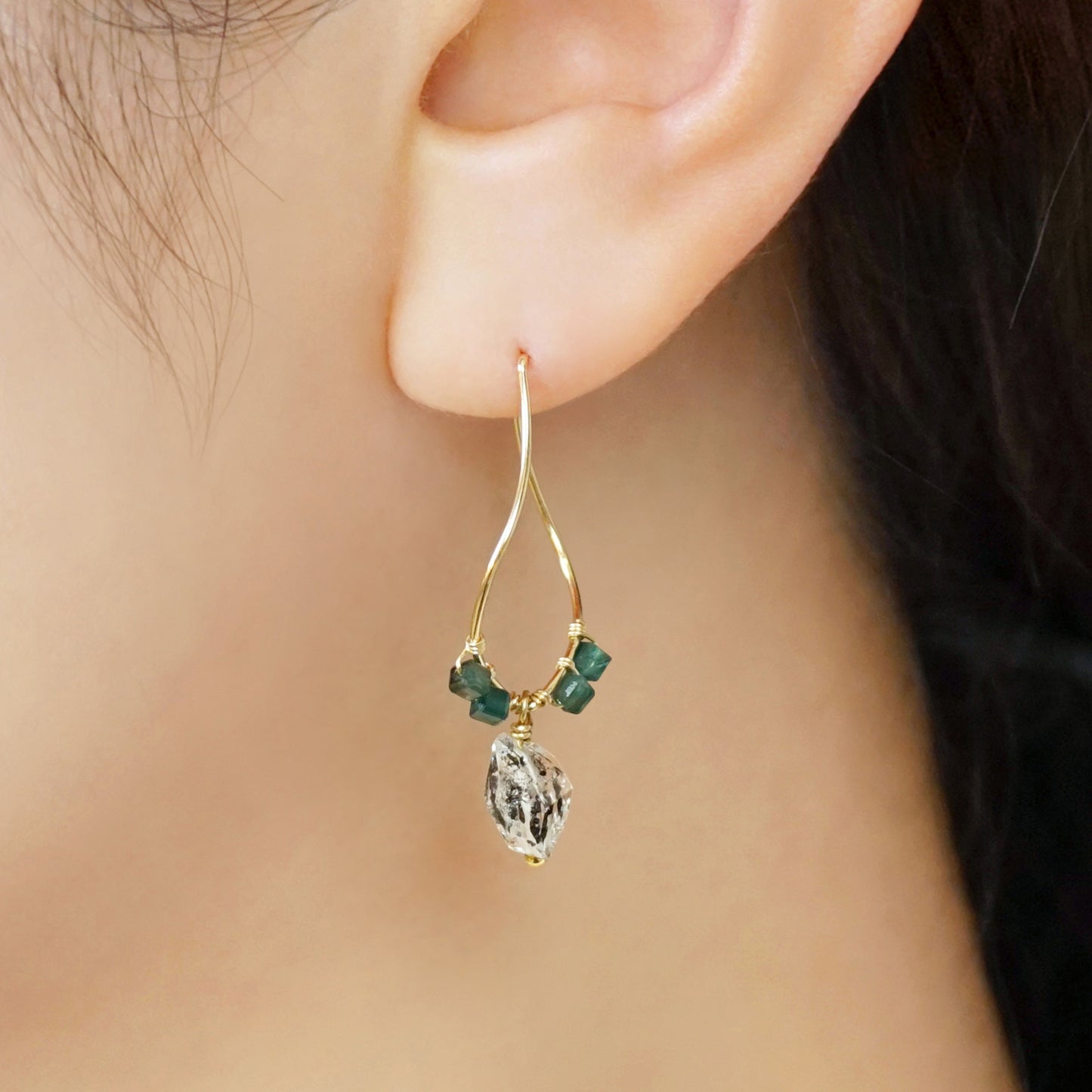 Gold Filled Herkimer Quartz Wire Hoop Earrings - Model Image