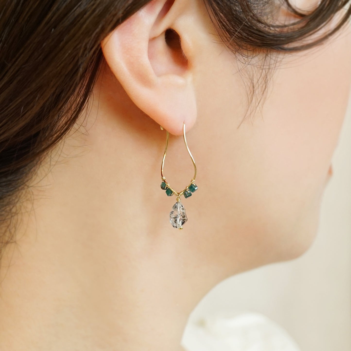 Gold Filled Herkimer Quartz Wire Hoop Earrings - Model Image