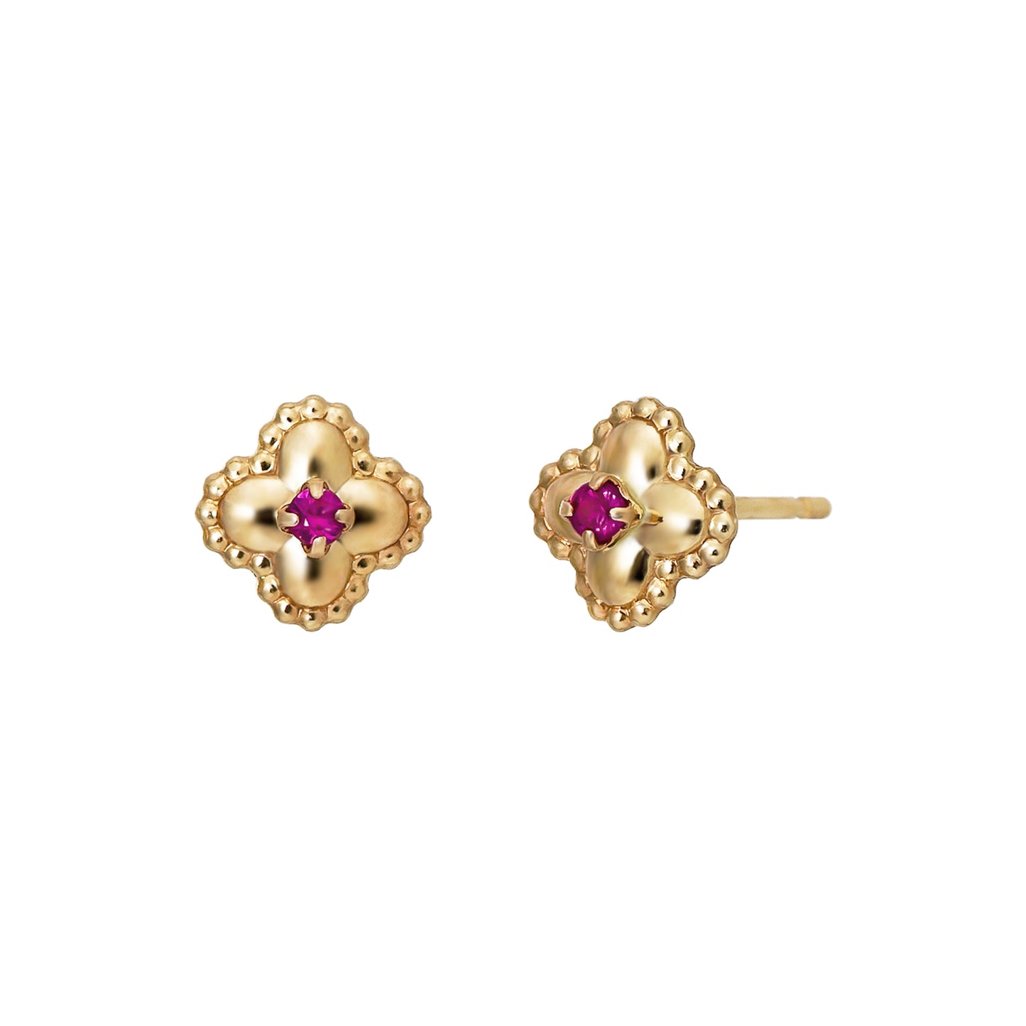18K/10K Ruby Milgrain Flower Stud Earrings (Yellow Gold) - Product Image