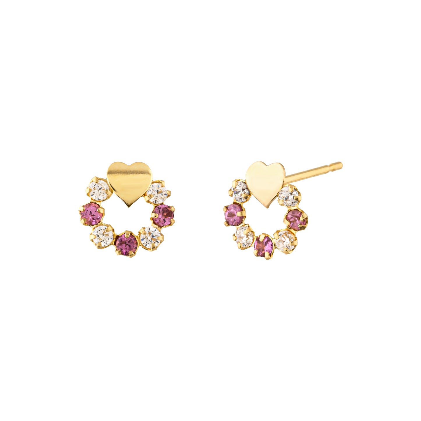 18K/10K Rhodolite Garnet Heart Circle Stud Earrings (Yellow Gold) - Product Image