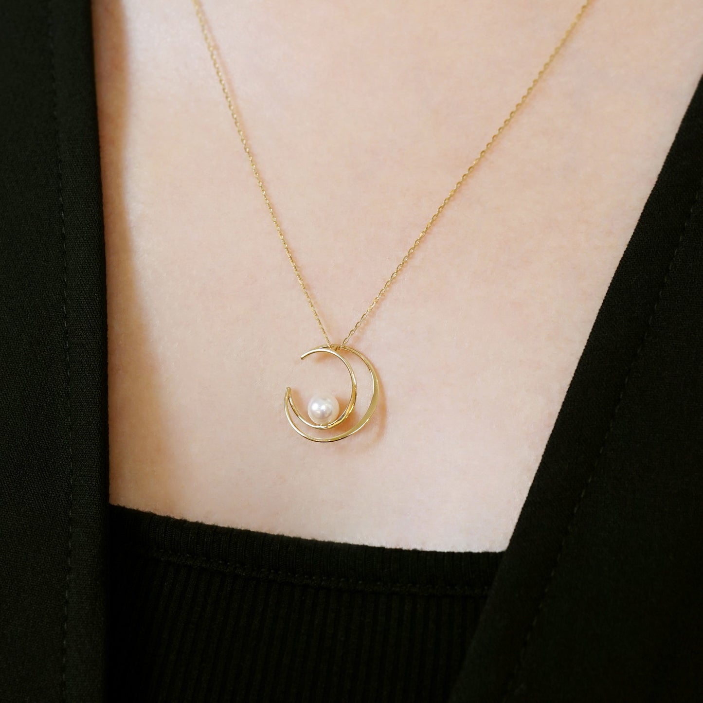 10K Akoya Pearl Crescent Design Necklace (Yellow Gold) - Model Image