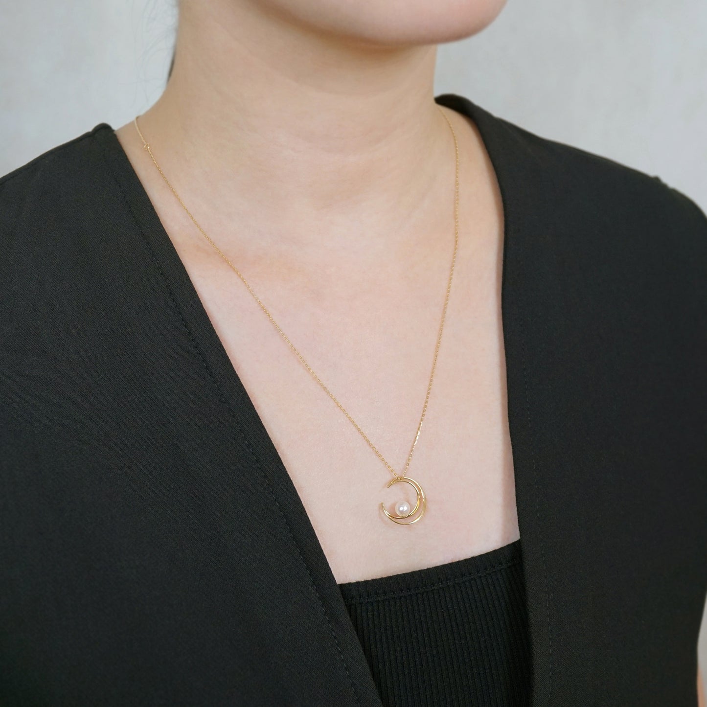 10K Akoya Pearl Crescent Design Necklace (Yellow Gold) - Model Image