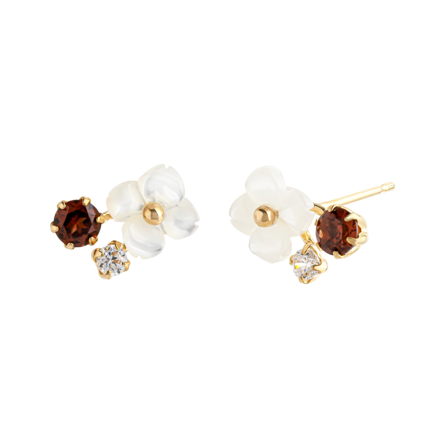 18K/10K White Shell Garnet Flower Stud Earrings (Yellow Gold) - Product Image