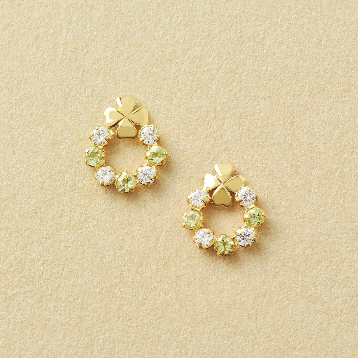 18K/10K Peridot Clover Circle Stud Earrings (Yellow Gold) - Product Image