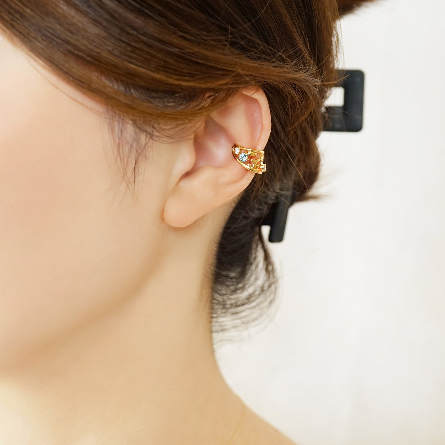 925 Sterling Silver Blue Topaz Coral Fish Ear Cuff - Model Image