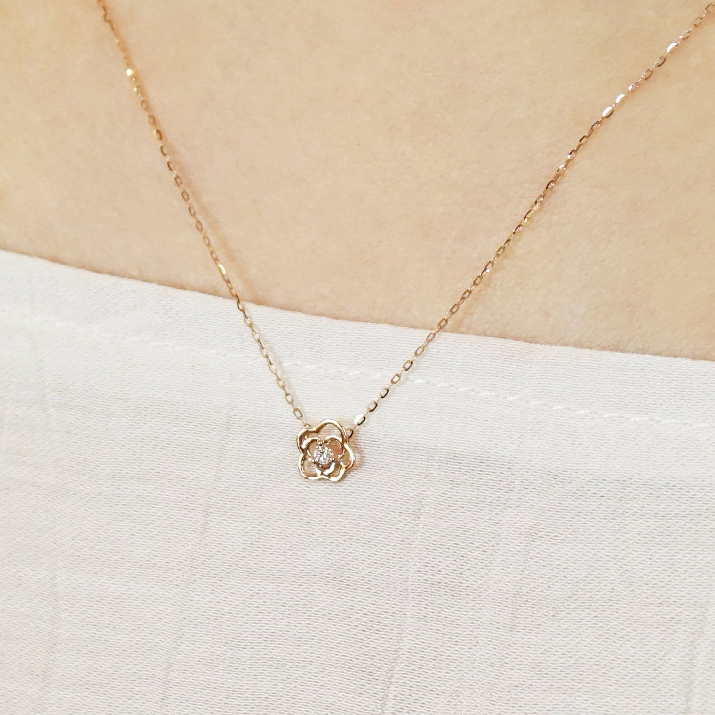 10K Diamond Openwork Flower Necklace (Rose Gold) - Model Image