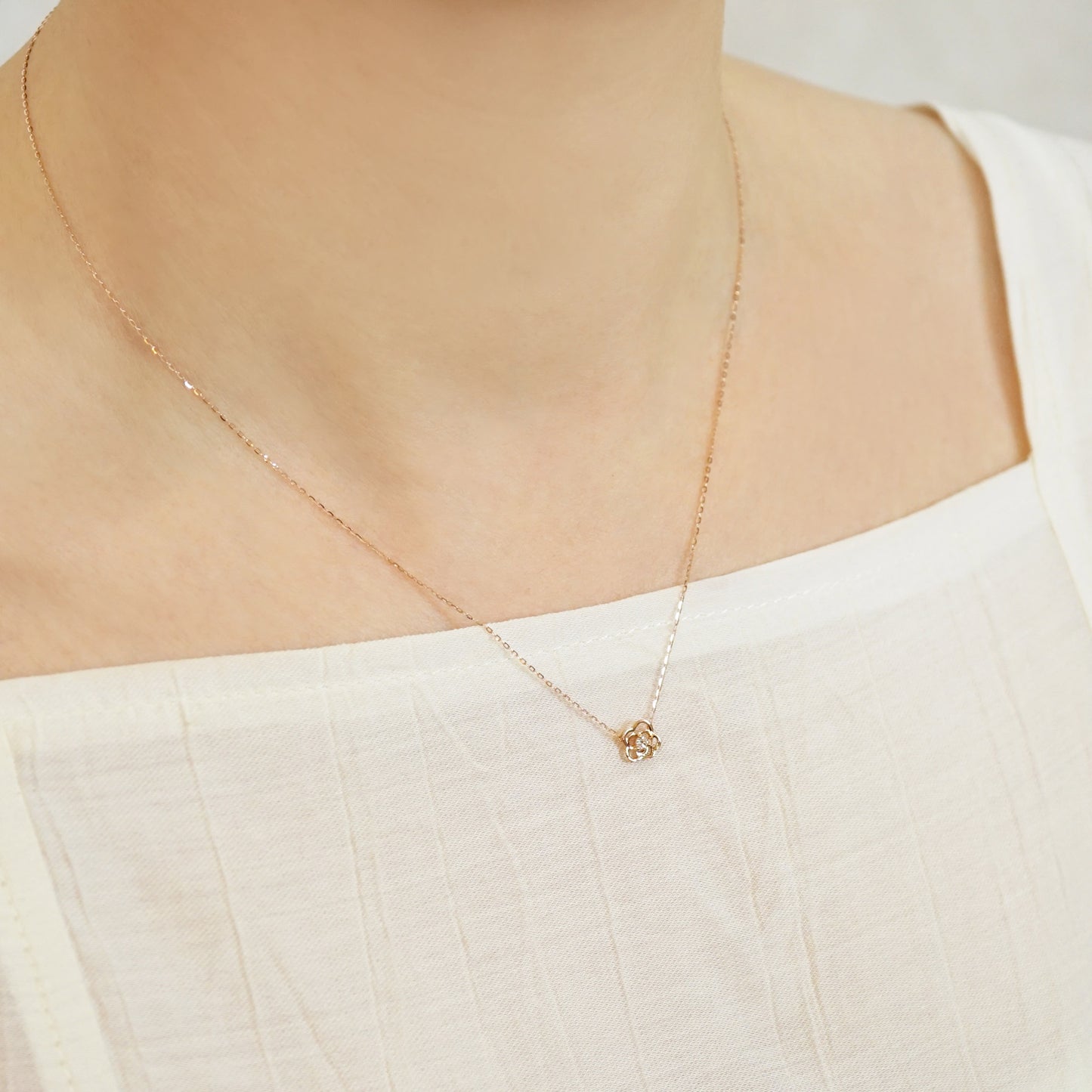 10K Diamond Openwork Flower Necklace (Rose Gold) - Model Image