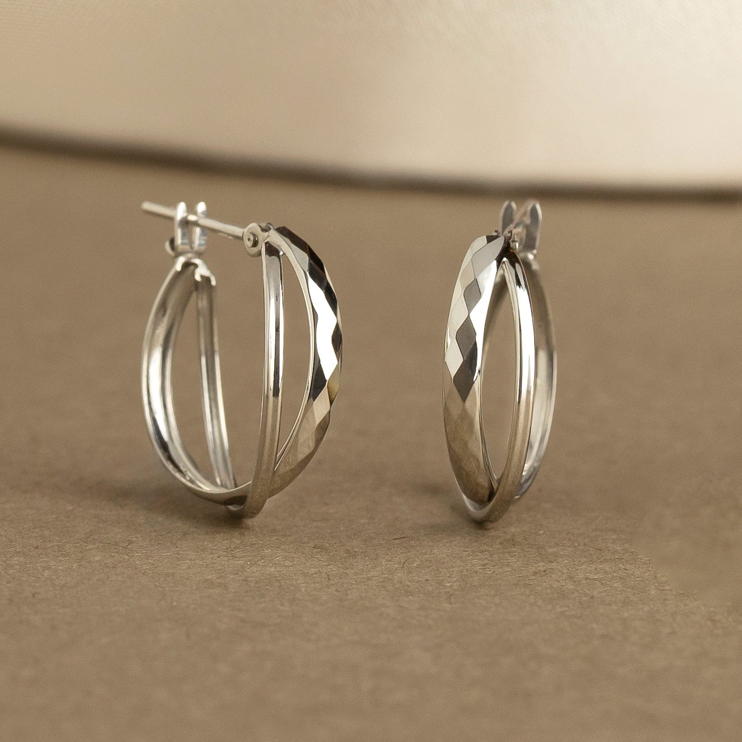 14K/10K Mixed Cut Double Hoop Earrings (White Gold) - Product Image
