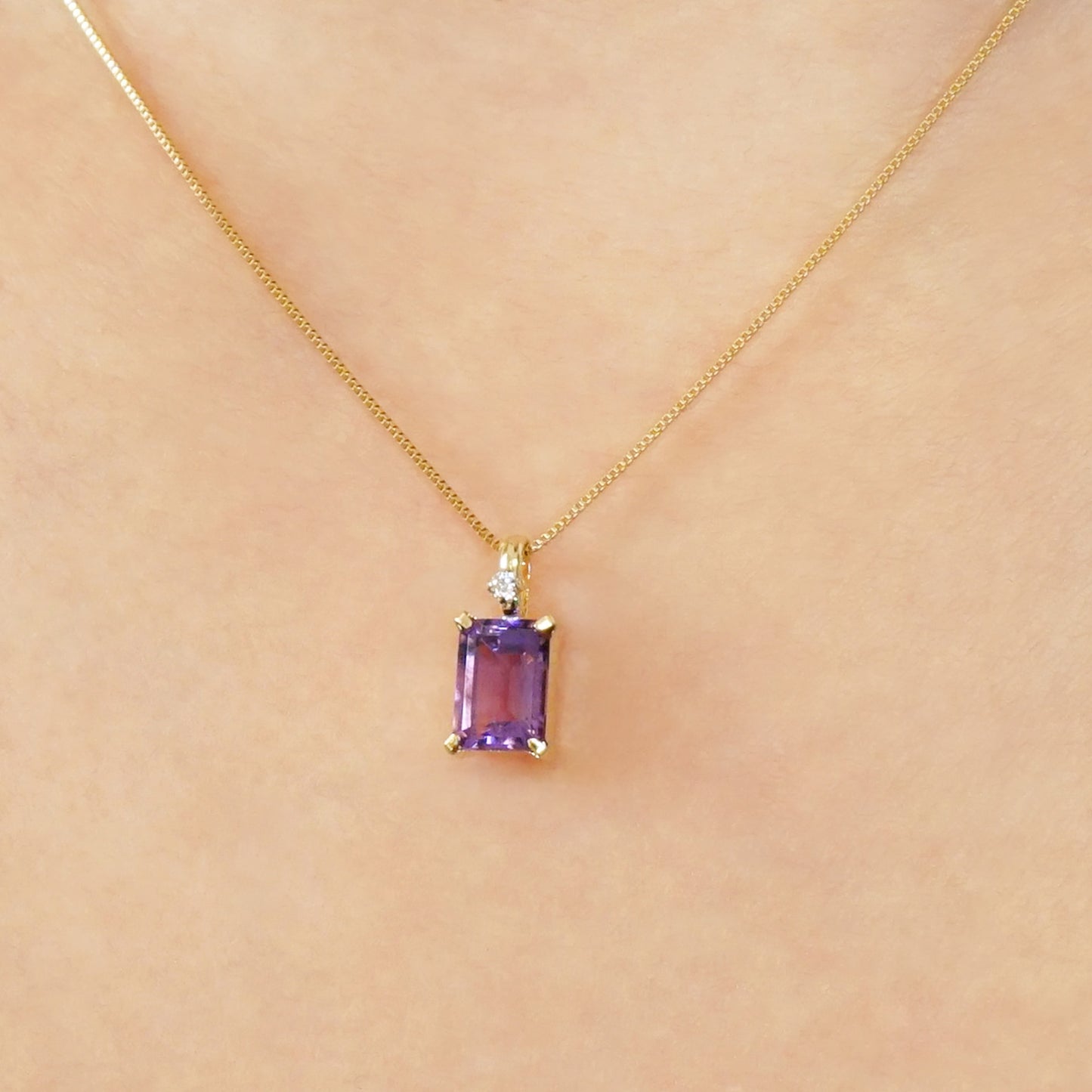 10K Amethyst Square Necklace Charm (Yellow Gold) - Model Image