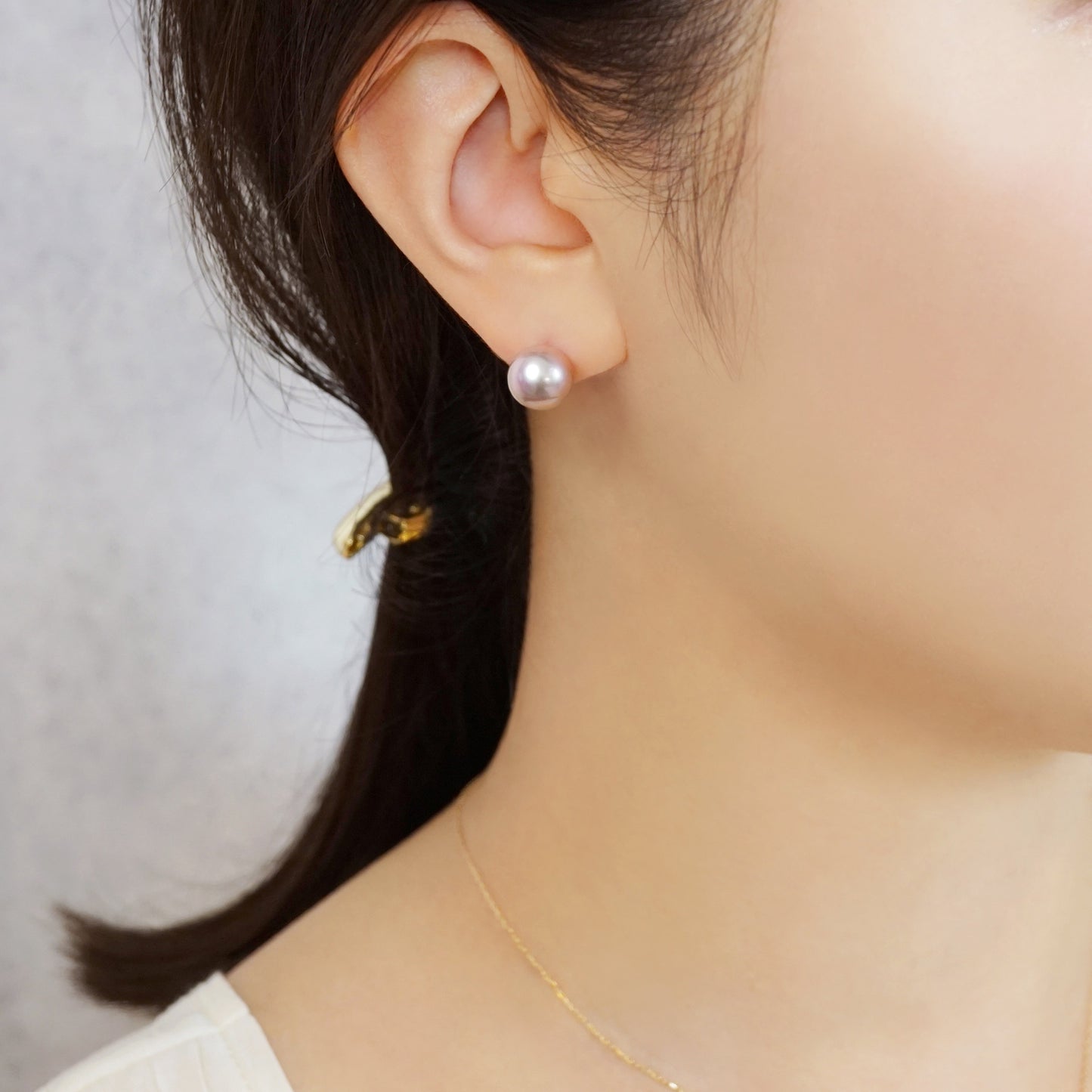 Platinum Natural Color Freshwater Pearl Stud Earrings - Model Image
