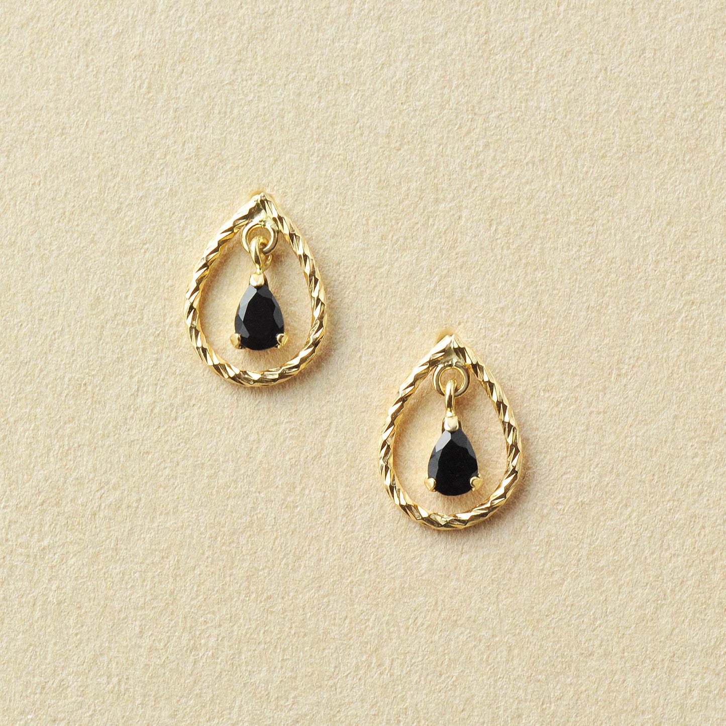 18K/10K Onyx Dew Drop Frame Stud Earrings (Yellow Gold) - Product Image