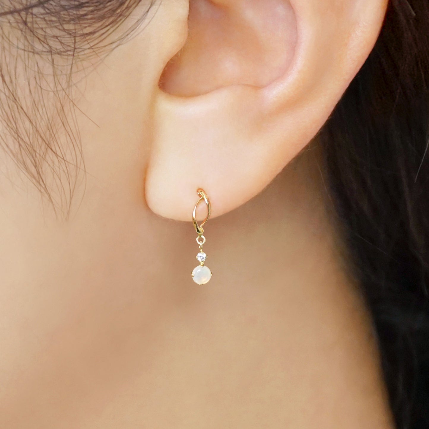 18K/10K Opal Double Line Swinging Earrings (Yellow Gold) - Model Image