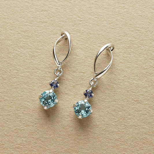14K/10K Blue Topaz Double Line Swinging Earrings (White Gold) - Product Image