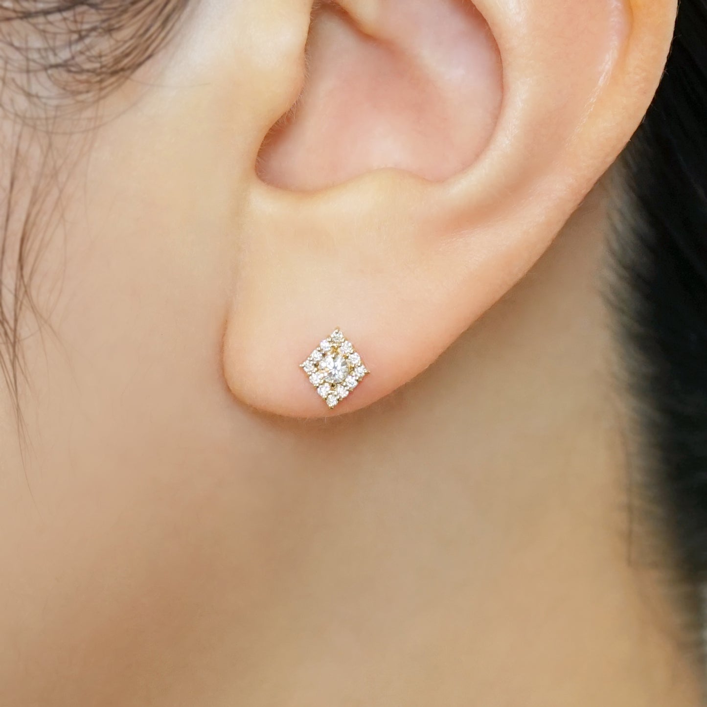 18K/10K Moissanite Square Earrings (Yellow Gold) - Model Image