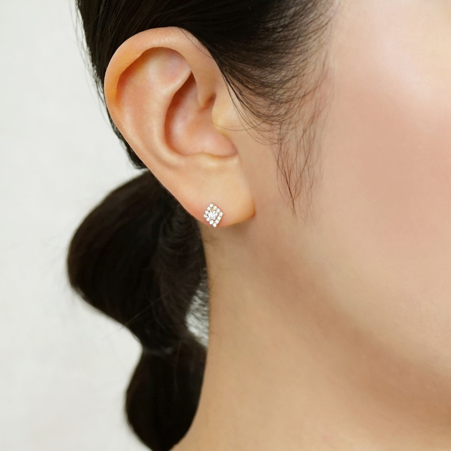 18K/10K Moissanite Square Earrings (Yellow Gold) - Model Image