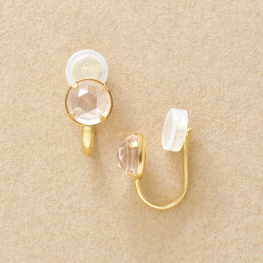 [Airy Clip-On Earrings] 10K Rose Quartz Earrings (Yellow Gold) - Product Image