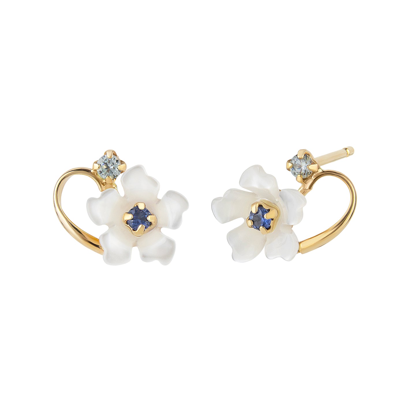 10K Shell Flower Sapphire Stud Earrings (Yellow Gold) - Product Image