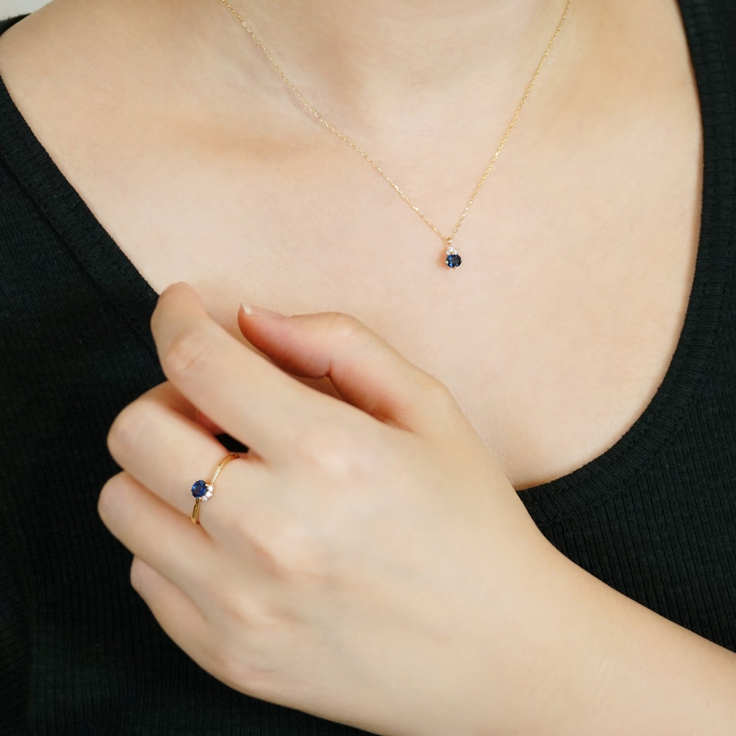 10K Sapphire Oval Necklace (Yellow Gold) - Model Image