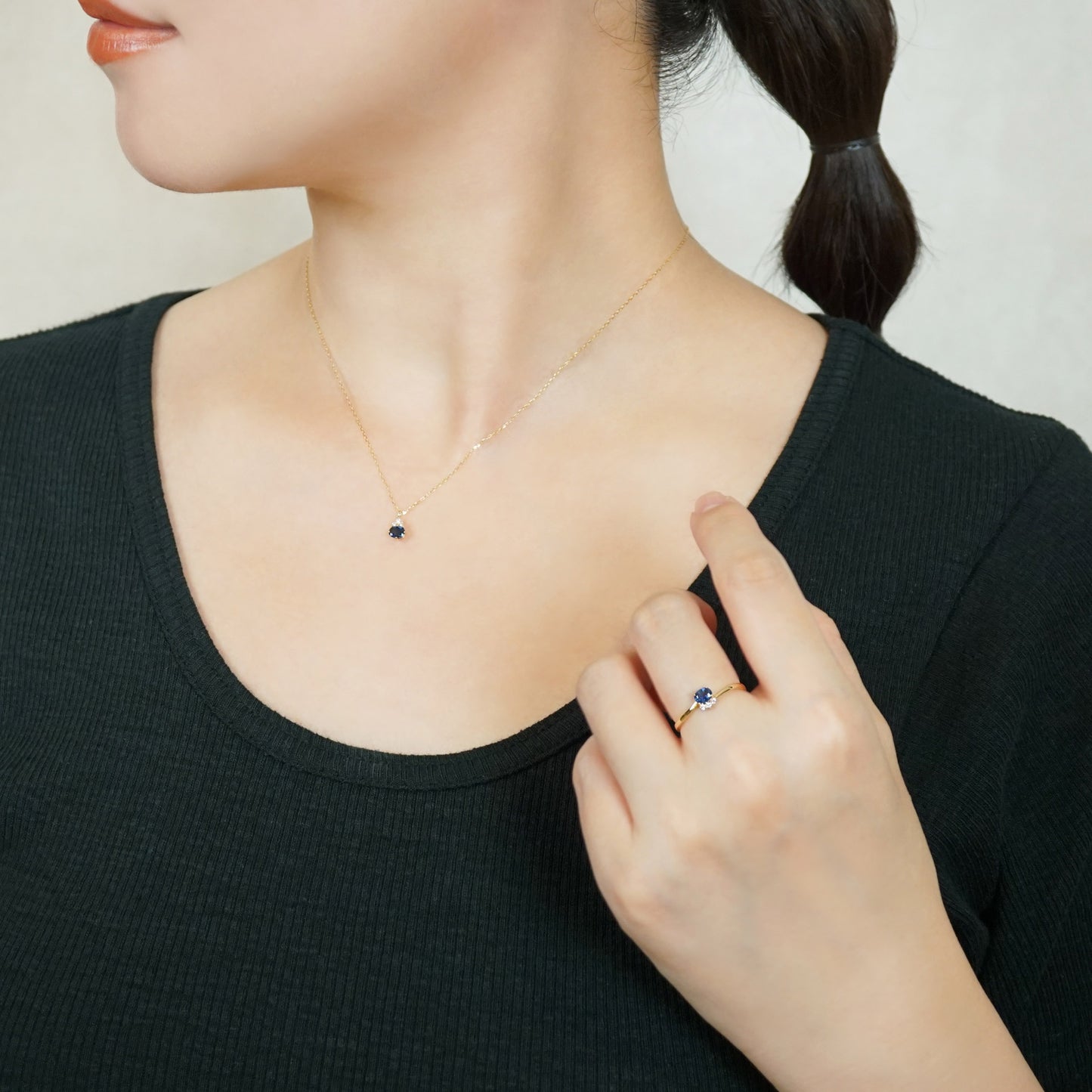 10K Sapphire Oval Necklace (Yellow Gold) - Model Image