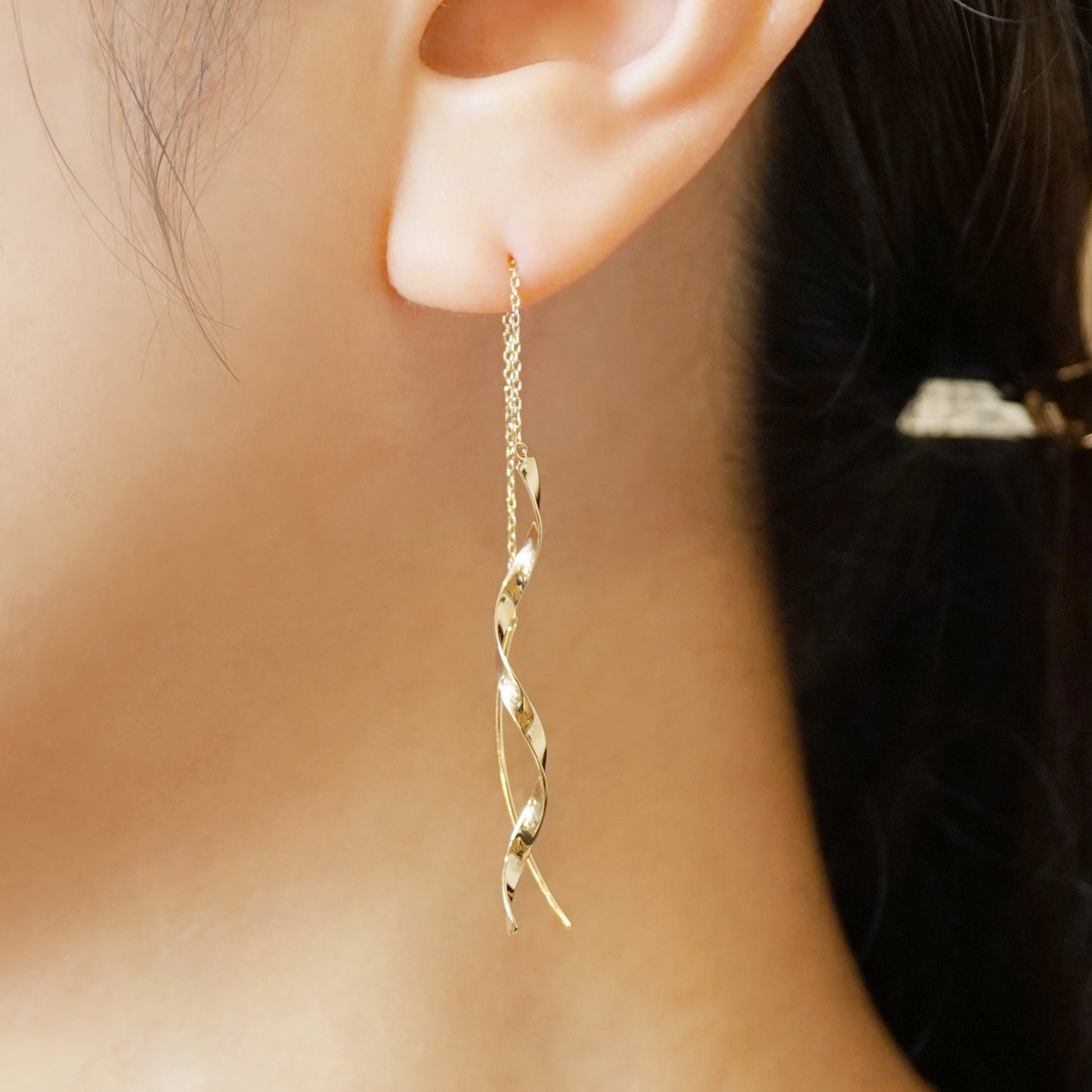 18K/10K Twisted Ribbon Long Threader Earrings (Yellow Gold) - Model Image