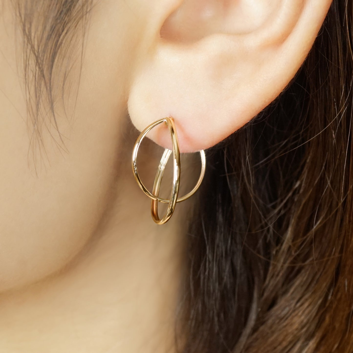 18K/10K Thin Line Double Hoop Earrings (Yellow Gold) - Model Image
