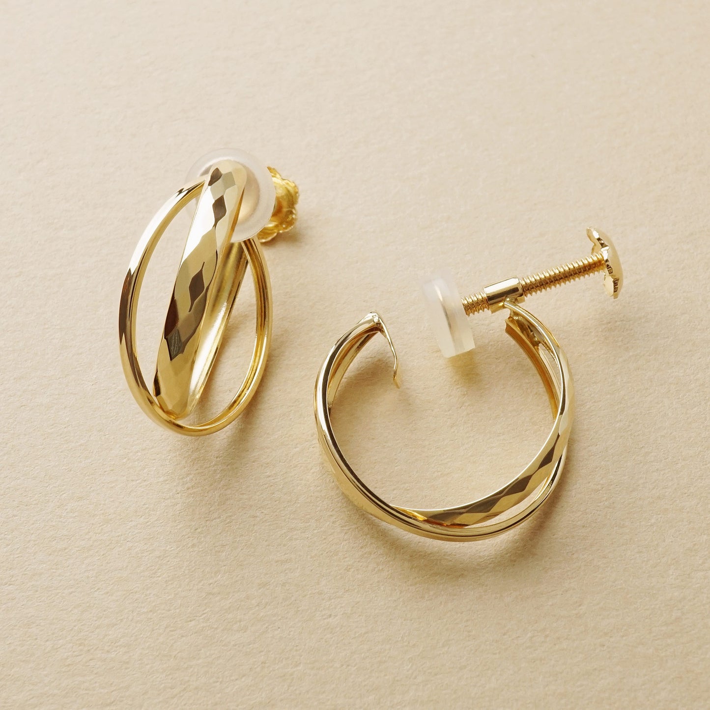 10K Mixed Cut Double Clip-On Hoop Earrings (Yellow Gold) - Product Image