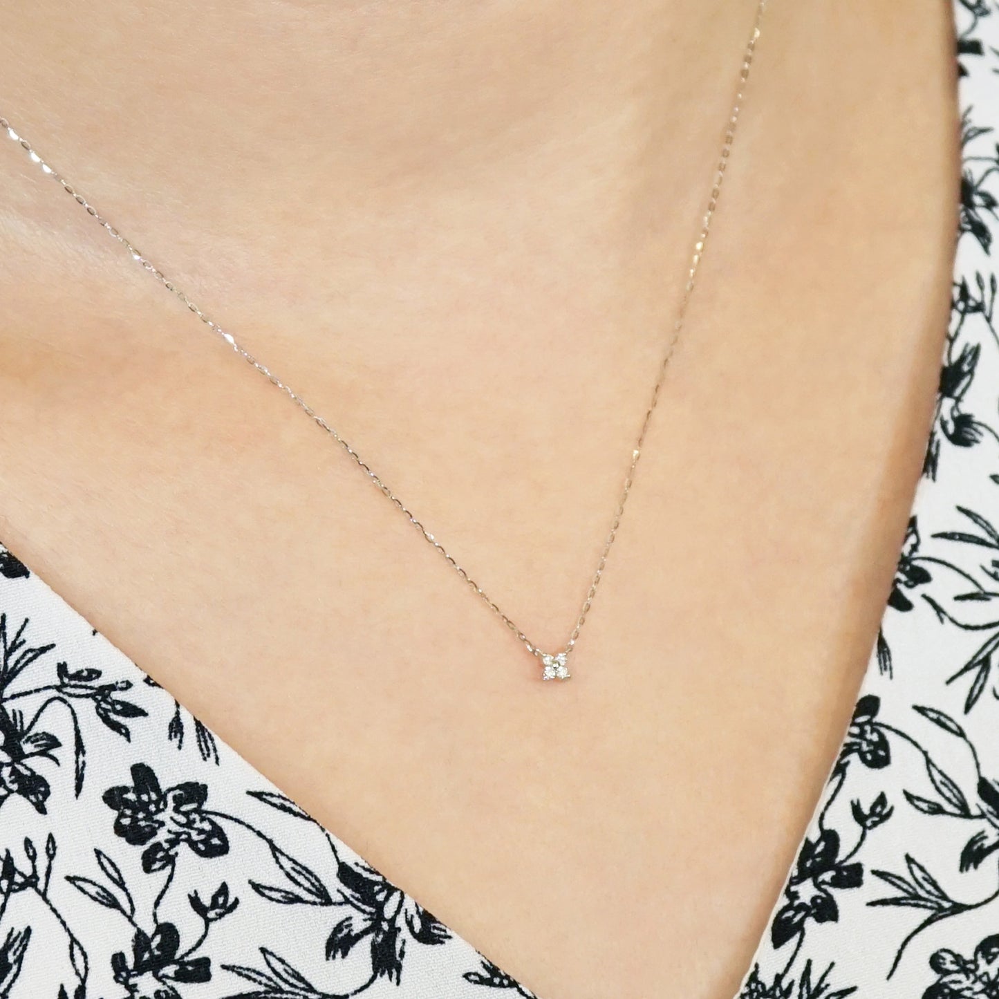 10K Diamond Mini Flower Necklace (White Gold) - Model Image