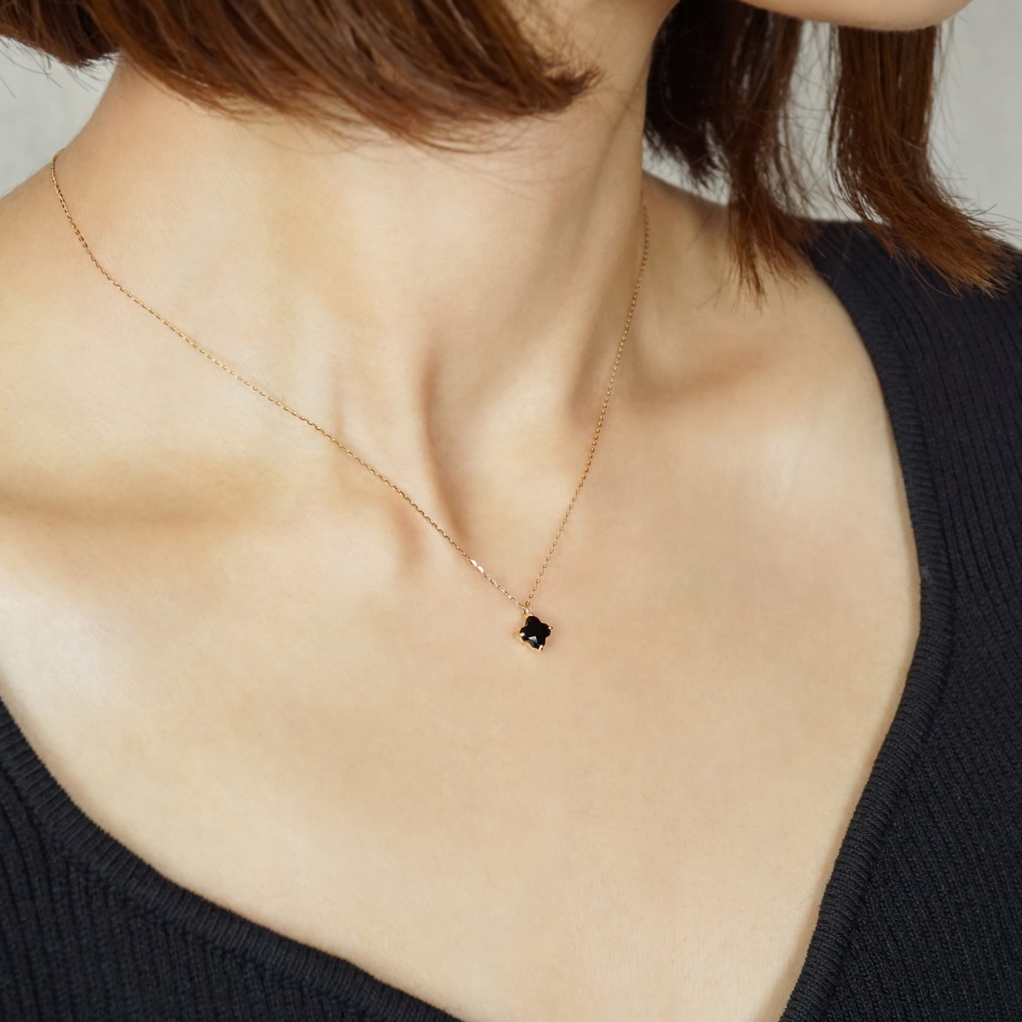 10K Onyx Lily Cut Necklace (Yellow Gold) - Model Image