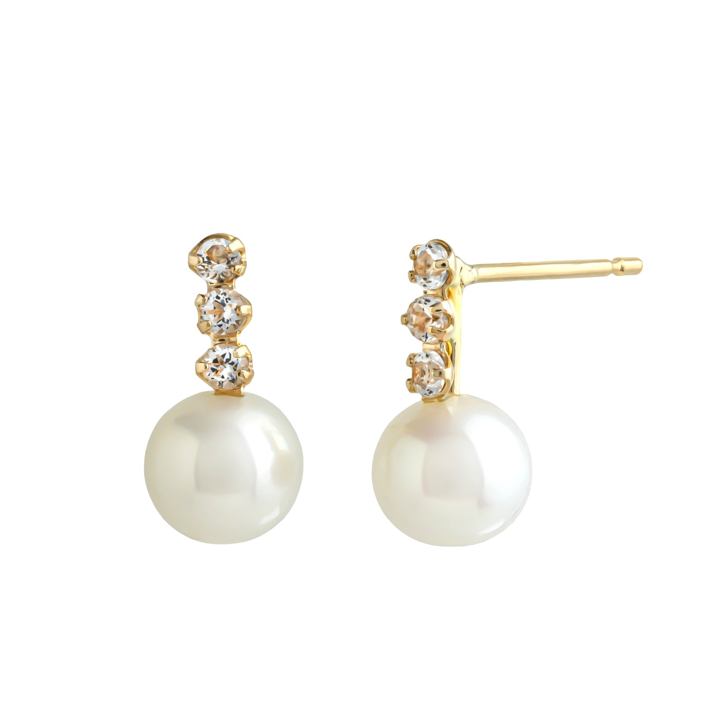 18K/10K Freshwater Pearl 3-Stone Line Earrings (Yellow Gold) - Product Image