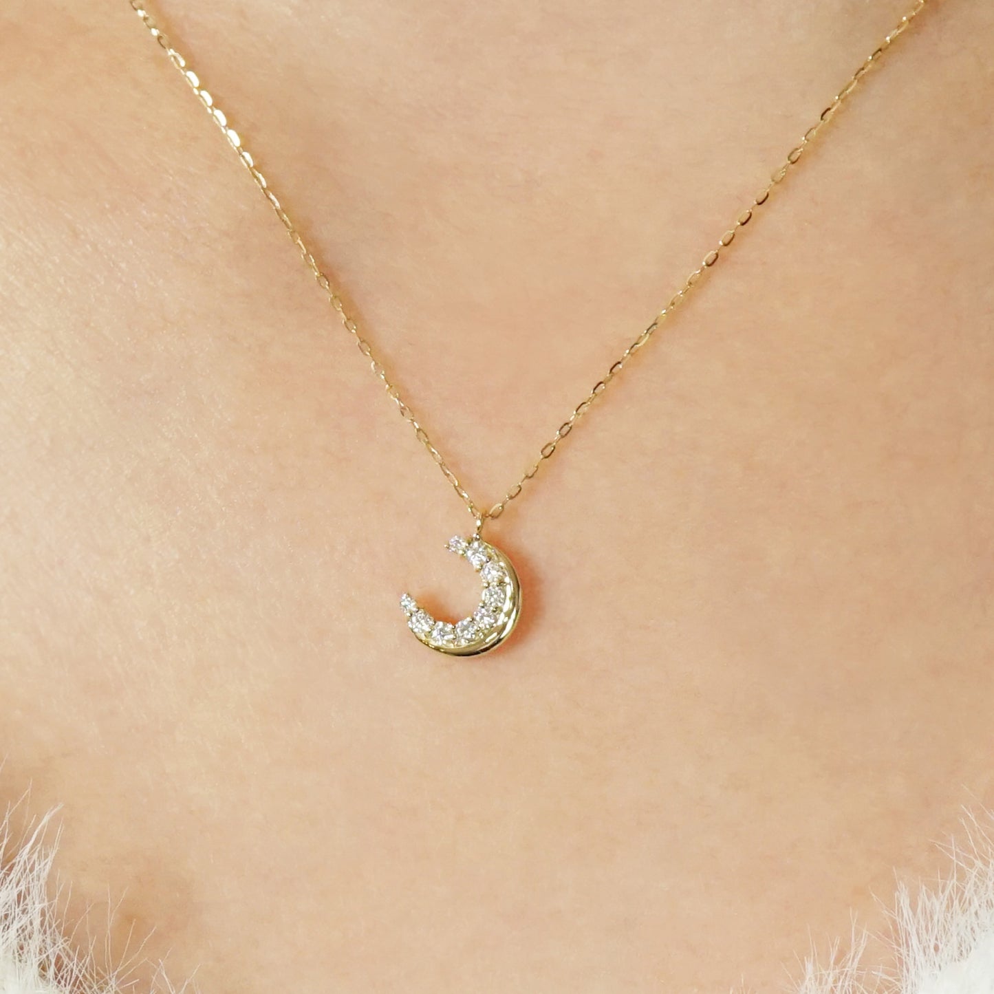 10K Moissanite Moon Necklace (Yellow Gold) - Model Image
