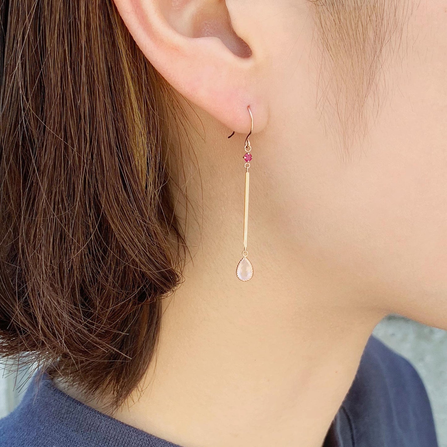 18K/10K Ruby Pillar & Dew Drop Earrings (Rose Gold) - Model Image