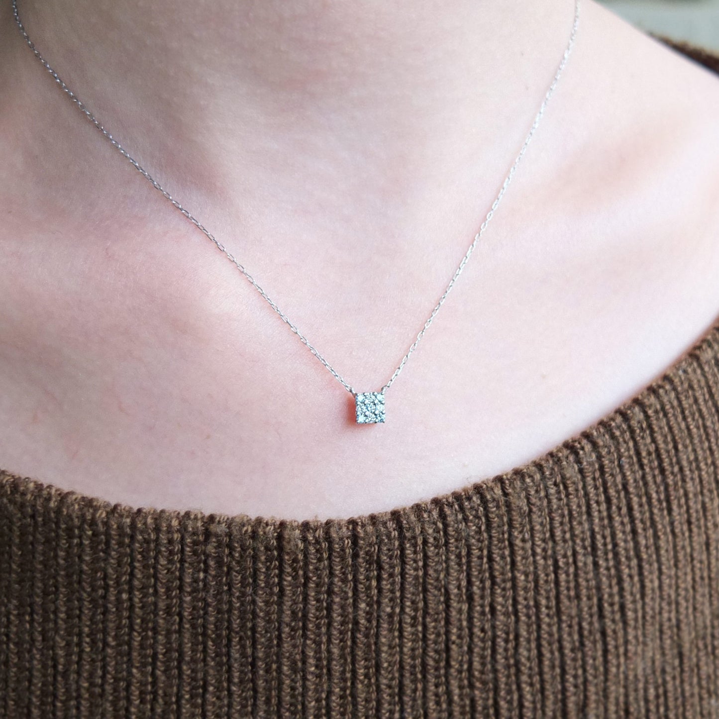 Platinum Diamond Square Necklace - Model Image