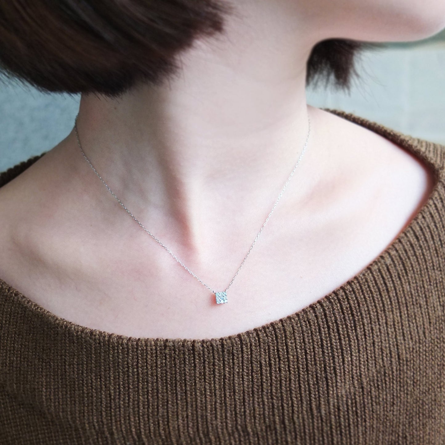 Platinum Diamond Square Necklace - Model Image