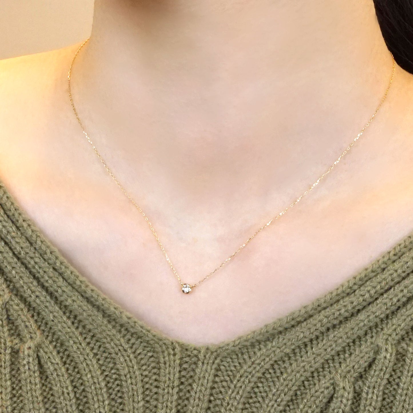 18K Yellow Gold Fiolette Setting Single Diamond Necklace 0.07ct - Model Image