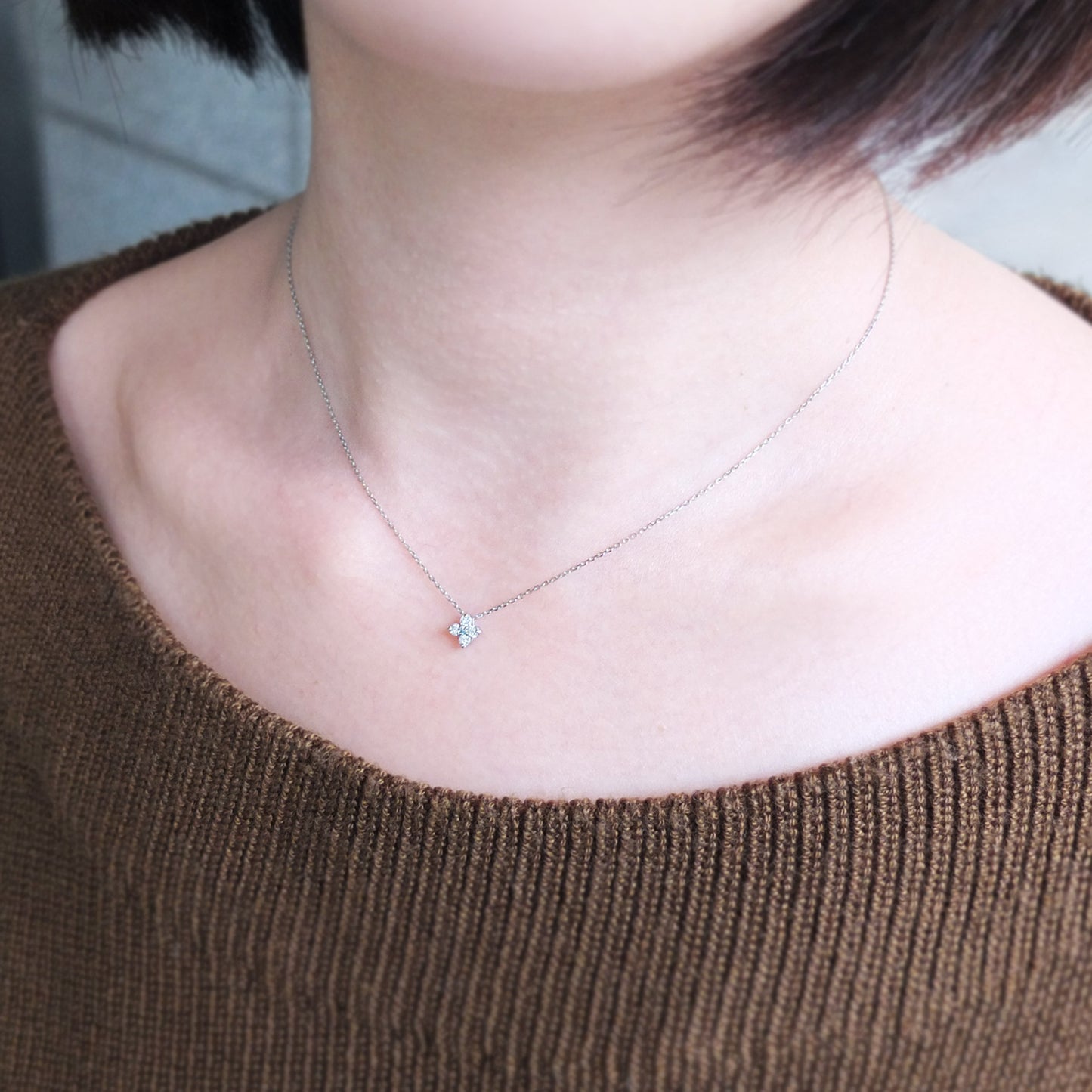 Platinum Diamond Flower Necklace - Model Image