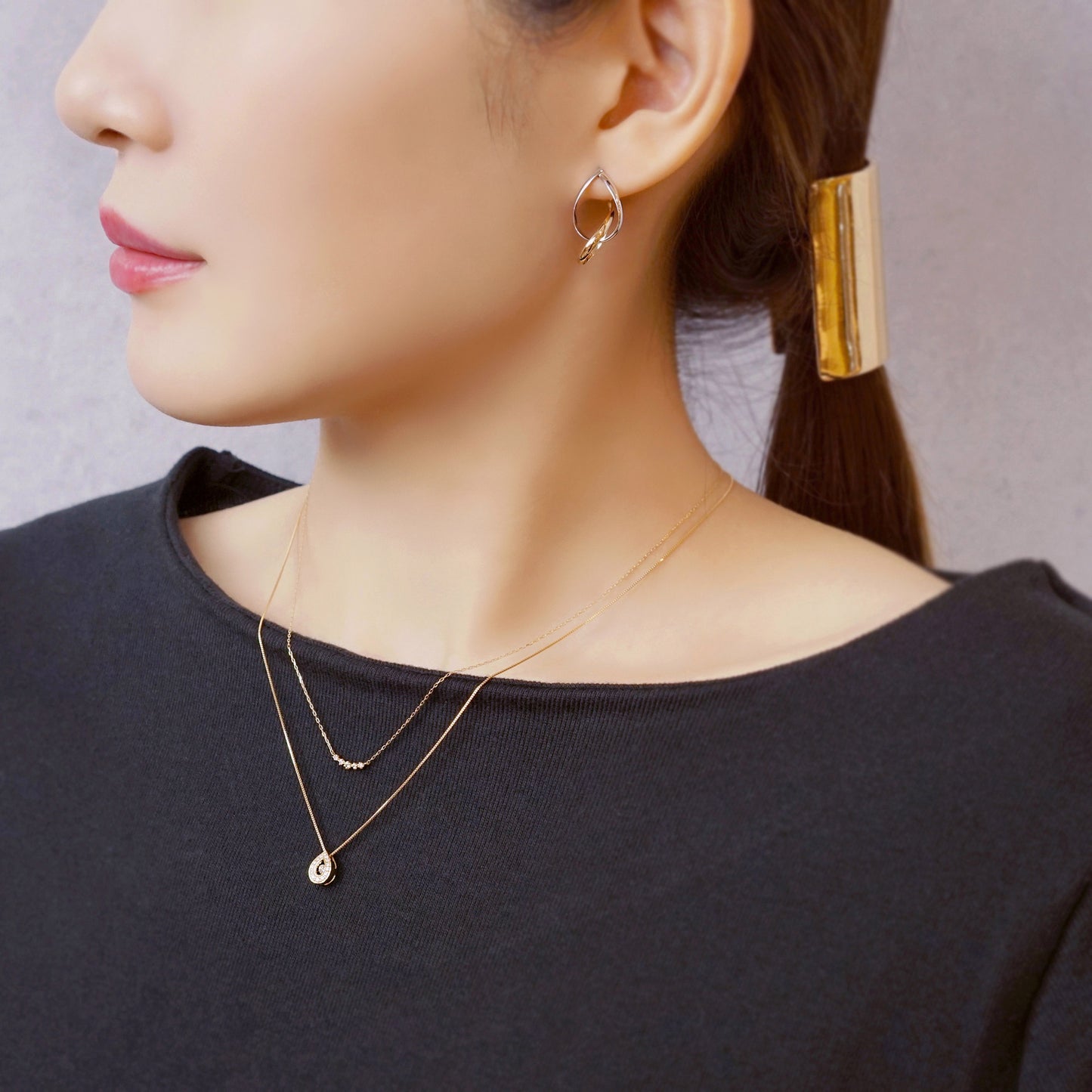 18K Yellow Gold Dancing Diamond Drop Necklace - Model Image