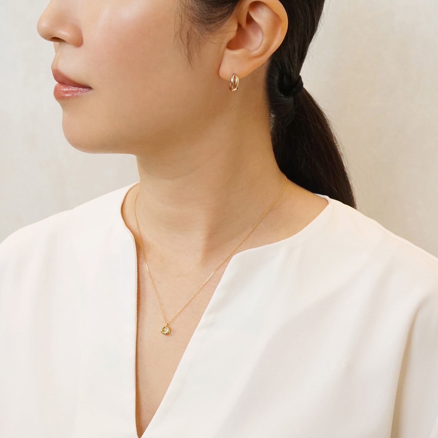 18K Yellow Gold Dancing Diamond Crescent Necklace - Model Image