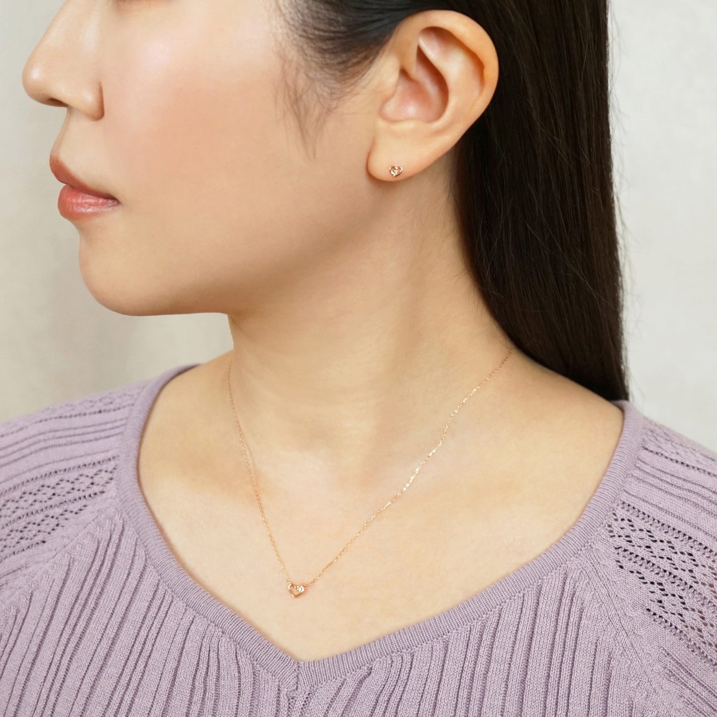 10K Diamond Petit Heart Necklace (Rose Gold) - Model Image